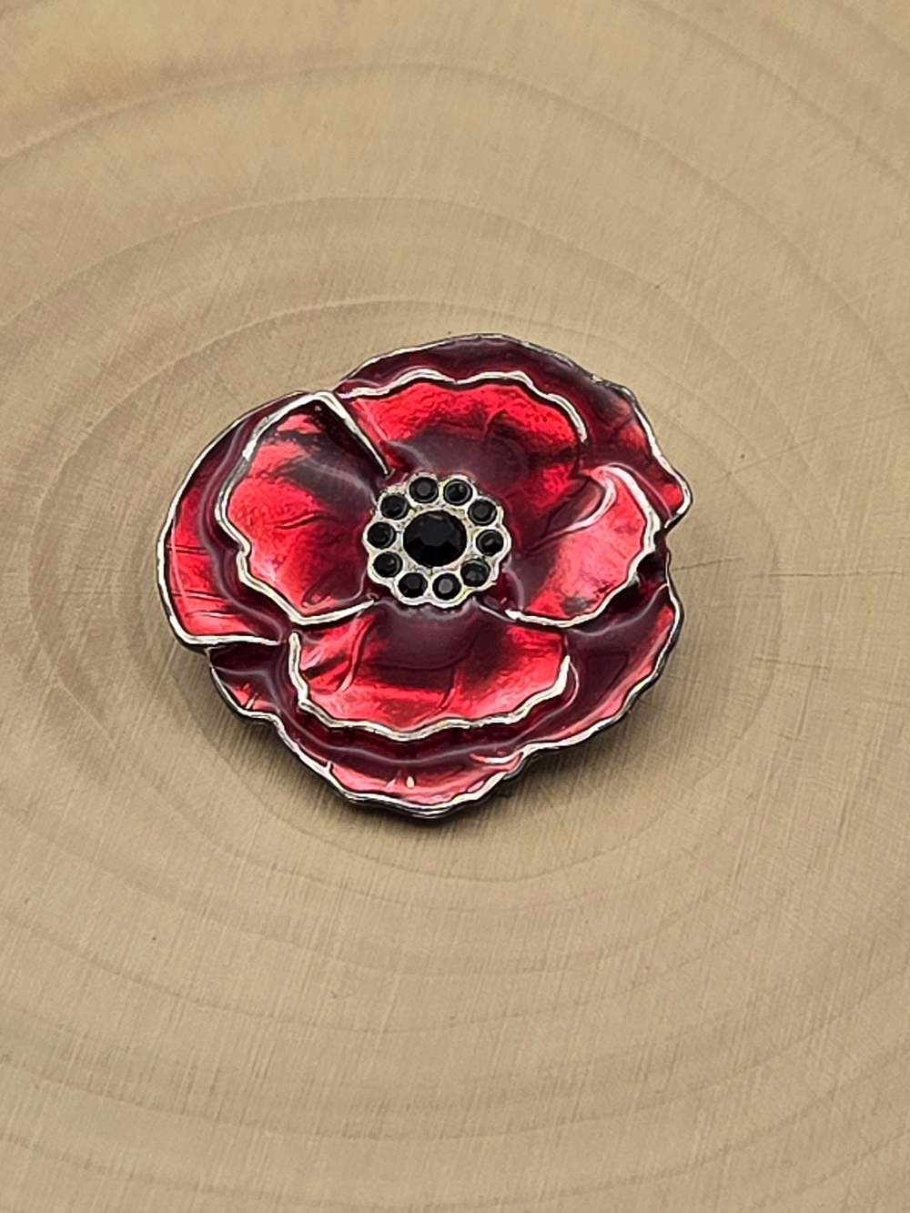 Vintage Canadian Poppy Brooch – Red Enamel & Black Rhinestones